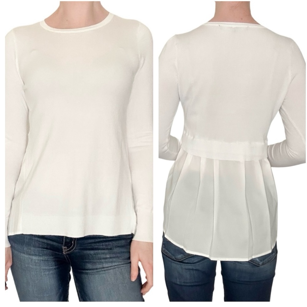 White House Black Market White Knit Sweater Ruffle Back Pleated Panel XS - Picture 1 of 6